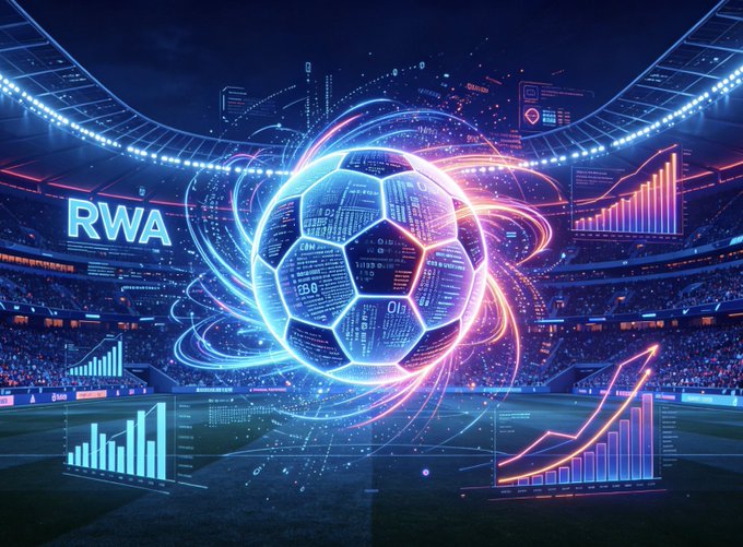 A futuristic stadium scene featuring a glowing holographic soccer ball displaying code and data, surrounded by neon blue and orange light trails, with 'RWA' text and stock market charts on the left.