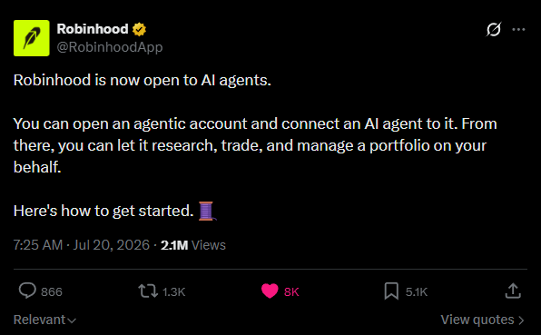 A Robinhood tweet (@RobinhoodApp) announces that 'Robinhood is now open to AI agents,' explaining that users can open agentic accounts for AI-driven research, trading, and portfolio management.
