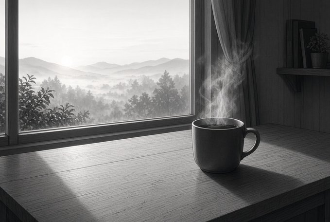 A steaming cup of coffee sits on a wooden windowsill overlooking misty, rolling hills, embodying a peaceful morning ritual. The serene landscape and warm drink perfectly capture the post's message of a fresh start and new day.