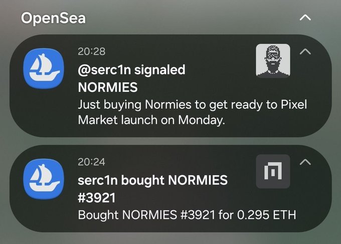 An OpenSea notification feed showing @serc1n signaling 'NORMIES' ahead of a 'Pixel Market launch on Monday' and purchasing NORMIES #3921 for 0.295 ETH.