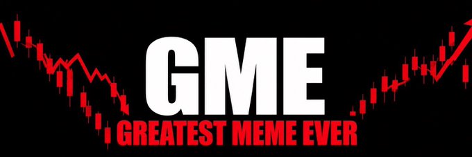 A black banner displays the bold white text "GME" centered above the red tagline "GREATEST MEME EVER," flanked by a red candlestick chart that dips low on the left and rallies sharply upward with an arrow on the right—visually reinforcing the post's narrative of $GME's community-driven rise and its new launch on Robinhood Chain.