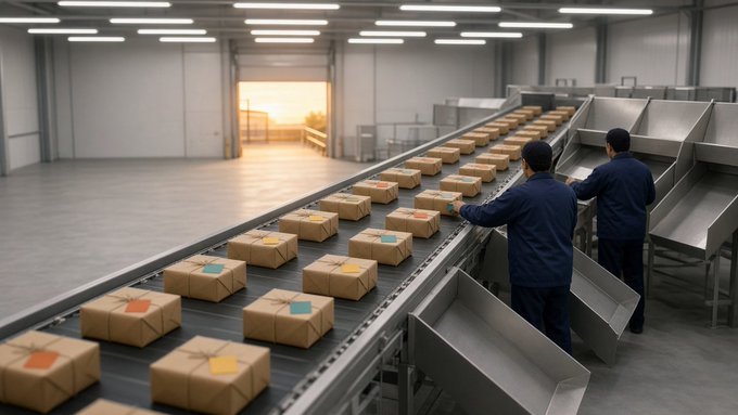 Two workers in navy uniforms sort cardboard packages along a metal conveyor belt inside a brightly lit industrial warehouse or distribution center.