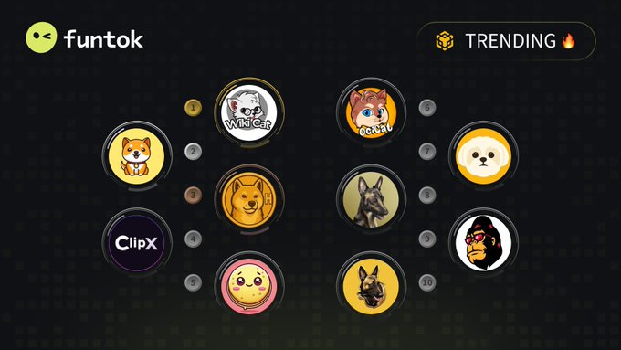 The image displays the Funtok "Trending 🔥" rankings, showcasing 10 meme coins including WKC (#1), BABYDOGE, and CLIPX on BNB Chain. The layout features circular icons of dogs, cats, a frog, and a gorilla arranged alongside a numbered leaderboard, matching the post's list of top trending tokens.