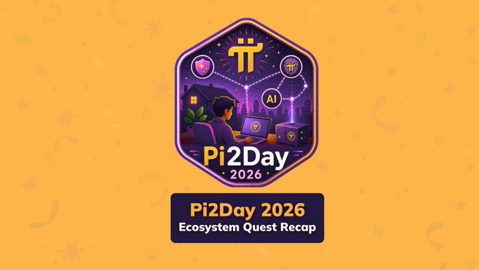A hexagonal badge titled "Pi2Day 2026" featuring a purple-toned illustration of a Pioneer at a laptop with AI icons and a "π" symbol, set against a yellow background with the caption "Pi2Day 2026 Ecosystem Quest Recap" displayed in a dark purple banner below.