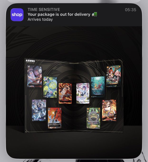 A Shop app notification at 05:35 alerts "Your package is out for delivery, Arrives today" for an Azuki trading card collection box featuring 10 character cards. The timely delivery coincides perfectly with the user's post about preparing for "Azuki Regionals," ensuring they have their cards in hand for the upcoming tournament.
