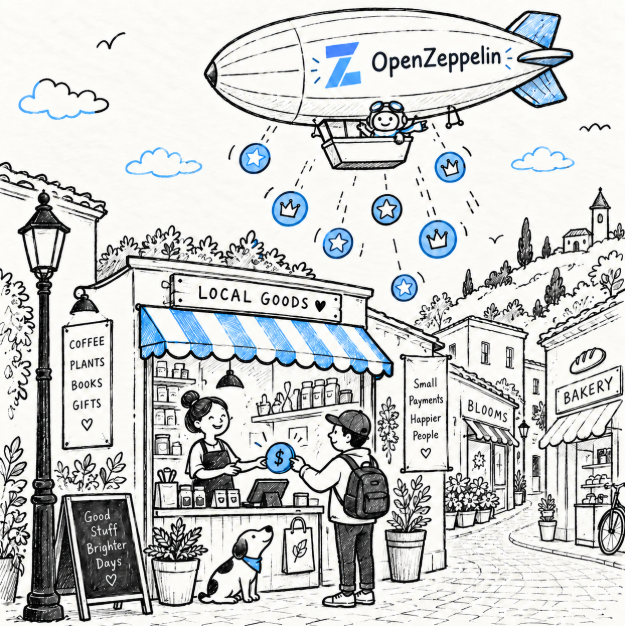 A black-and-white sketch illustration with blue accents shows the 'OpenZeppelin' blimp dropping tokens onto a 'LOCAL GOODS' shop, where a person is making a purchase, alongside a bakery and flowers shop.