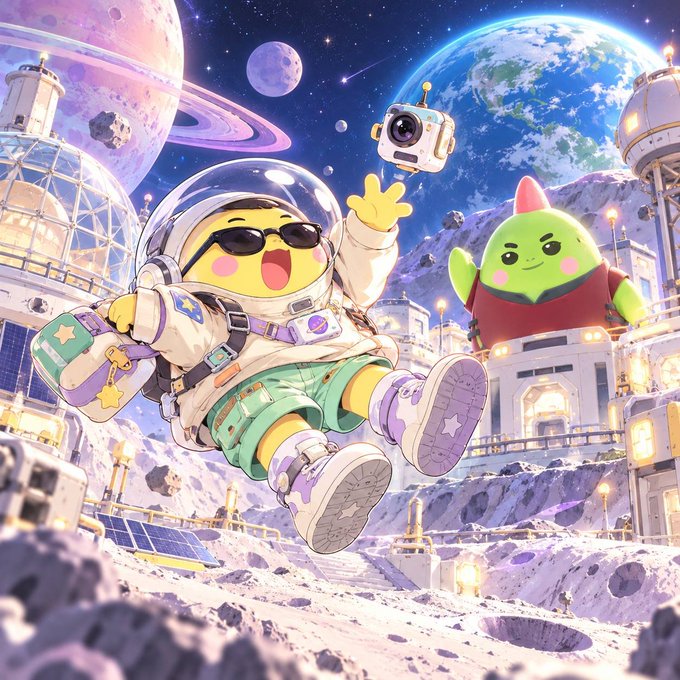 An illustration of a yellow character in an astronaut suit waving alongside a green character on a lunar surface with space bases, Earth, and planets in the background.