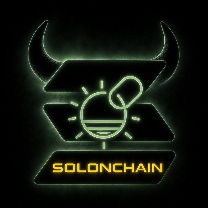 A glowing green logo for 'SOLONCHAIN' features a bomb symbol flanked by upward arrows, topped with horns.
