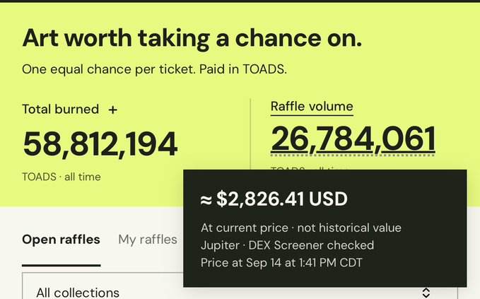 A webpage for an art raffle paid in TOADS tokens, displaying 'Total burned 58,812,194' and 'Raffle volume 26,784,061' with a USD value of approximately $2,826.41.