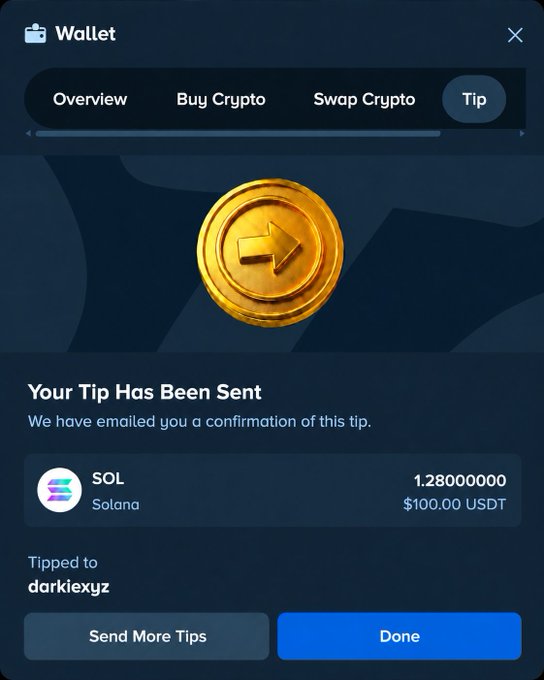 A 'Wallet' app confirmation screen showing 'Your Tip Has Been Sent' of 1.28 SOL ($100.00 USDT) tipped to user 'darkiexyz' on Solana.
