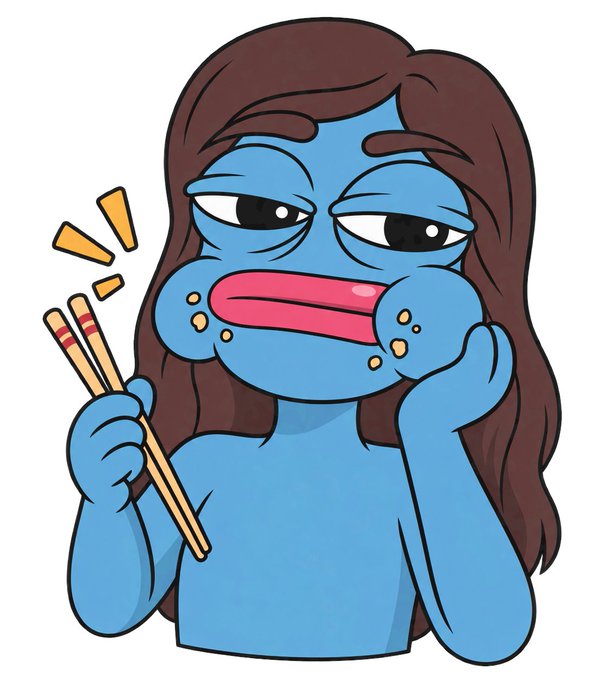 A cartoon illustration of a blue-skinned girl with brown hair holding chopsticks while eating, with puffed cheeks showing food.