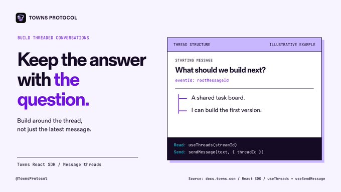 A Towns Protocol promotional graphic with the text 'Keep the answer with the question' and 'Build around the thread, not just the latest message', illustrating a thread structure example for a shared task board discussion.