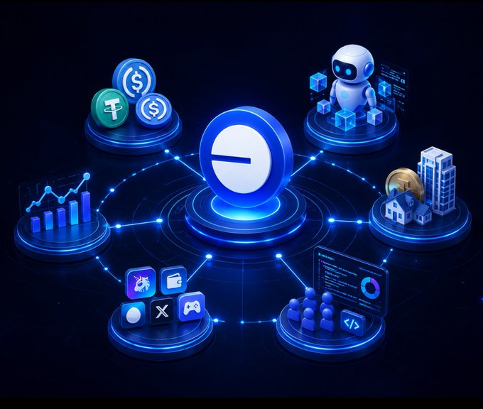 A digital illustration with a dark blue background showing a central logo surrounded by connected nodes featuring currency symbols, a robot, buildings, analytics, and app icons.