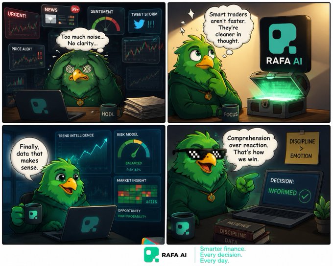 A four-panel comic featuring HODL the parrot shows him overwhelmed by cluttered trading screens ("Too much noise... No clarity..."), then discovering RAFA AI ("Smart traders aren't faster. They're cleaner in thought."), celebrating clean trend intelligence and risk data ("Finally, data that makes sense."), and finally wearing pixel sunglasses with the message "Comprehension over reaction. That's how we win," with a "DECISION: INFORMED" checkmark—visually reinforcing the post's message that RAFA AI filters signal from noise to deliver smarter, cleaner trading decisions.
