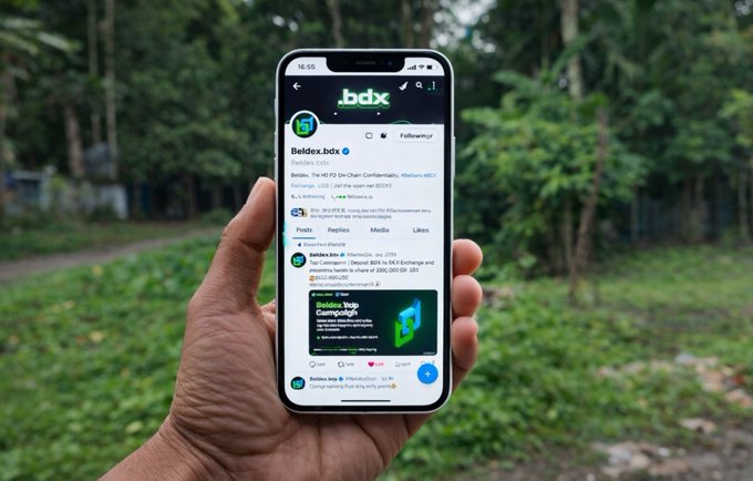 Hand holding a smartphone displaying the Beldex.bdx Twitter/X profile page, with lush green vegetation visible in the background of the photograph.