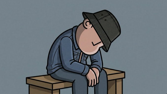 A cartoon character sits dejectedly on a wooden bench, head bowed and hat pulled down low over their face, conveying exhaustion or defeat. The image illustrates the post's self-deprecating humor about a project's inability to "go to zero," emphasizing feelings of frustration and embarrassment.