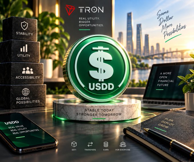 A promotional image for the TRON/USDD cryptocurrency stablecoin, featuring a glowing green dollar coin with the tagline 'STABLE TODAY STRONGER TOMORROW' along with features like Stability, Utility, Accessibility, and Global Possibilities.