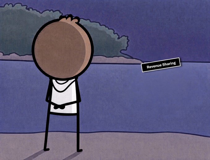 A 2D animation-style illustration of a featureless figure standing by water at dusk, with a floating label reading "Revenue Sharing" pointing to a small object in the distance.