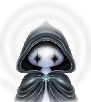 A hooded, cloaked figure with glowing purple eyes holds a glowing star-shaped object on a white background.