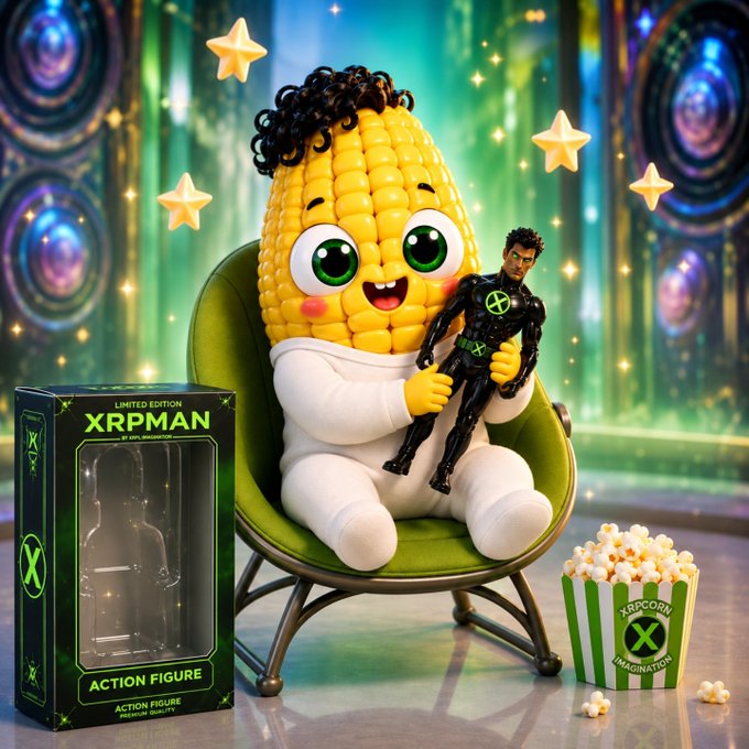 A 3D-rendered cartoon corn character sits in a green rocking chair holding an 'XRPMAN' action figure, with the figure's packaging box on the left and a bucket of 'XRPCORN' popcorn on the right.