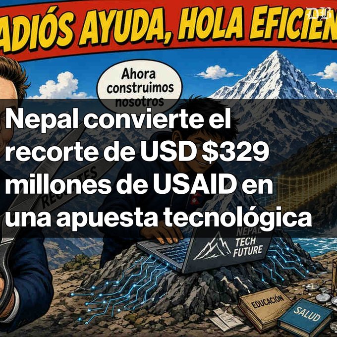 A graphic with Spanish text 'ADIÓS AYUDA, HOLA EFICIEN...' and overlay text reading 'Nepal convierte el recorte de USD $329 millones de USAID en una apuesta tecnológica', showing an illustration of a person with a laptop amid mountains.