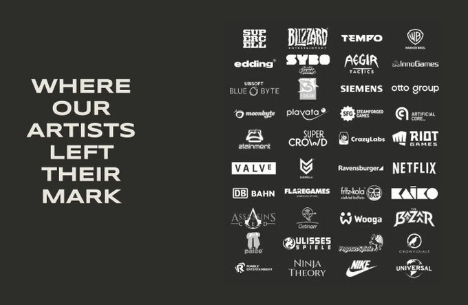 A promotional graphic with the text 'WHERE OUR ARTISTS LEFT THEIR MARK' displayed alongside logos of various companies including Blizzard, Valve, Netflix, Nike, Universal, and Ubisoft.