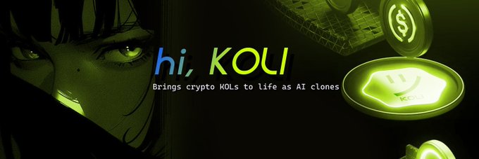 A promotional banner for 'hi, KOL' that reads "Brings crypto KOLs to life as AI clones," featuring anime-style art and glowing green coins.