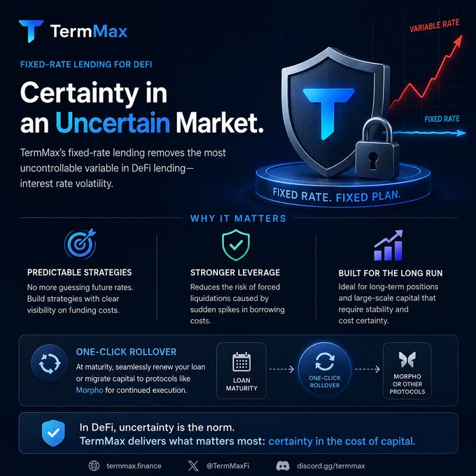 An infographic for TermMax advertising 'Fixed-Rate Lending for DeFi' with the tagline 'Certainty in an Uncertain Market,' highlighting features like predictable strategies, stronger leverage, and one-click rollover.