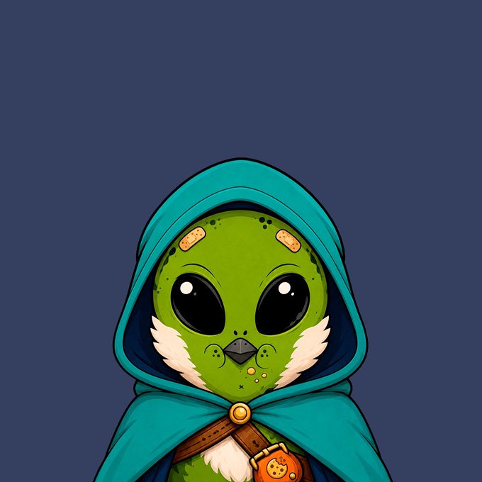 Digital artwork of a small green owl-like creature wearing a teal hooded cloak with a brown strap, set against a dark blue background.