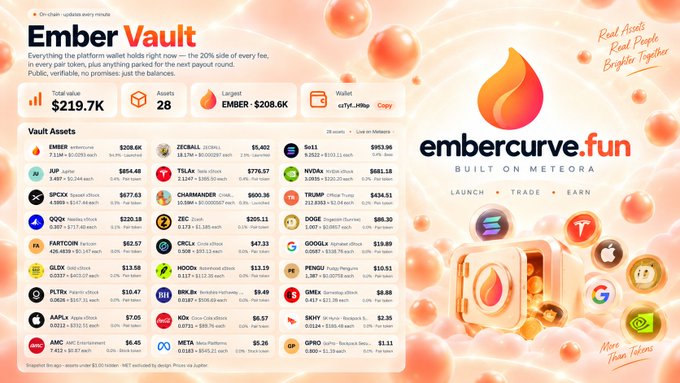 The image shows the Ember Vault dashboard on embercurve.fun, displaying a Total Value of $219.7K across 28 assets with the largest holding being EMBER at $208.6K, alongside a list of popular crypto tokens like ZECBAL, SOL, XRP, TSLAX, and others. This relates to the post by showcasing the platform's burn engine performance and asset accumulation, emphasizing the developer-focused communities building tech within the ecosystem.
