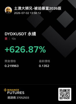 The image shows a Binance Futures announcement for the DYDXUSDT perpetual contract, displaying a +626.87% surge with an opening price of 0.219963 and latest price of 0.1352, dated 2026-07-02. The dramatic 10x price spike visually confirms the post's skepticism about dYdX's fundamentals, as such an extreme pump (with price dropping from open to current) suggests a classic "drop a message and pump" pattern rather than sustainable growth.