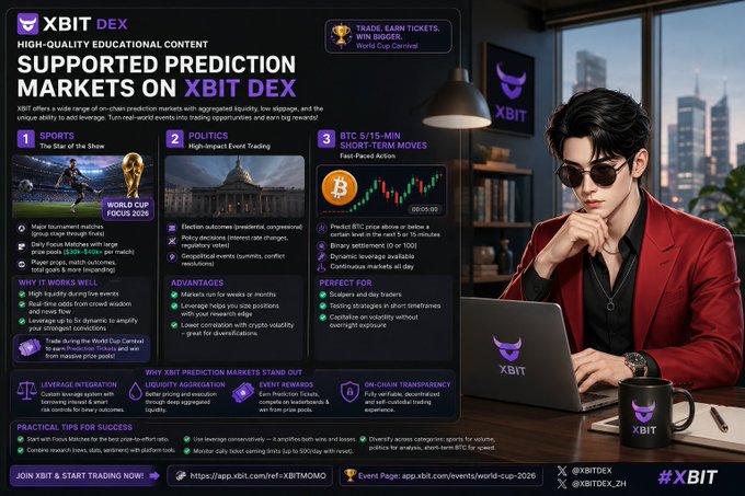 A promotional banner for 'XBIT DEX' advertising supported prediction markets on XBIT DEX, featuring information on Sports, Politics, and Bitcoin markets alongside a stylized man in a red suit using an XBIT laptop.
