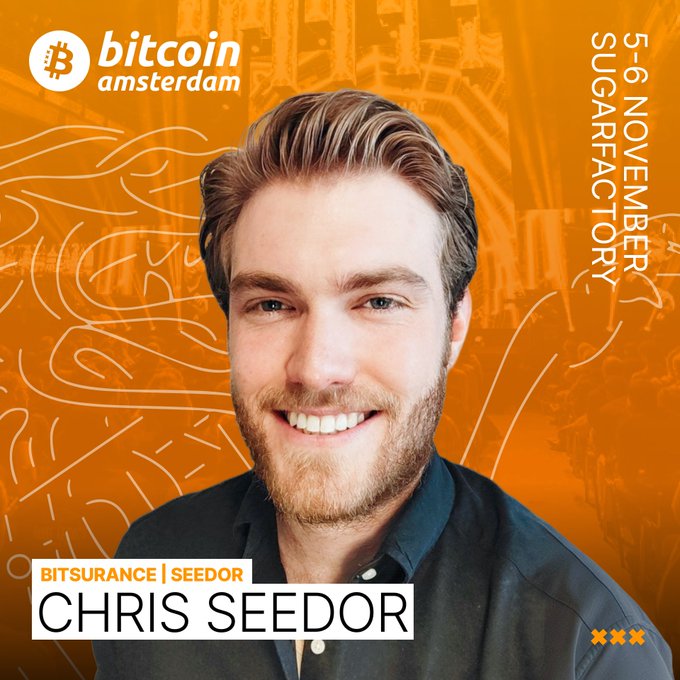 A promotional graphic for Bitcoin Amsterdam 2026 features a smiling portrait of Chris Seedor, CEO of Bitsurance and Seedor, set against an orange background with the event logo in the top left and event details ("5-6 NOVEMBER, SUGARFACTORY") on the right side, confirming his scheduled speaking engagement at the conference.
