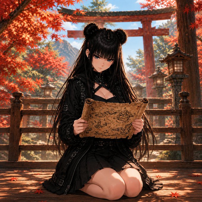 An anime-style illustration shows a young woman with long black hair styled in twin buns, wearing a black gothic dress and holding a scroll with a map, sitting before a torii gate surrounded by autumn leaves.
