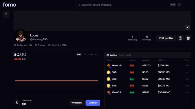 The image shows a Fomo profile page for user "Lucas" (@lucasng990), who joined in August 2026 and has only 10 followers and 4 following despite trading nearly $411 across multiple tokens like MarsCoin and BNB. The screenshot illustrates the post's humorous point about Fomo's social features feeling pointless, as Lucas's trading activity (with a $0 portfolio) hasn't translated into any meaningful follower engagement.