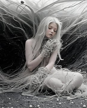 A black-and-white fantasy artwork shows a pale woman with long blonde hair and closed eyes, surrounded by tangled roots and holding white rope-like strands.