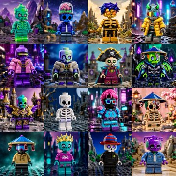 A 4x4 grid showcasing sixteen LEGO minifigure characters in various Halloween-themed costumes including a mummy, skeleton, witch, and wizard.