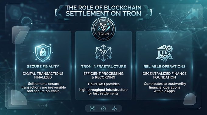 An infographic titled 'THE ROLE OF BLOCKCHAIN SETTLEMENT ON TRON' highlights three key features: Secure Finality, TRON Infrastructure, and Reliable Operations for decentralized finance.