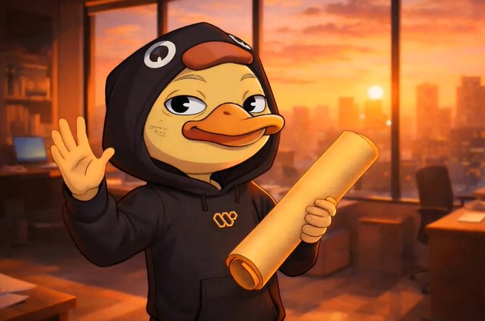The image features a cartoon duck wearing a black hoodie with the word "Quackers" written on it. The duck is holding a yellow tube or pipe in its beak while standing next to an office desk, which has a computer monitor and keyboard on top of it. In the background, there are buildings visible through a window, suggesting that they might be located near an urban area. The image also contains text that reads "Happy Sunday to the @wallchain Quackers Slow day, clean signal. No noise chasing, just steady contributions stacking in the background. That’s the real edge in attention systems, consistency over chaos, clarity over volume," which is likely a reference to the cartoon character Quackers from the popular animated series Ducktales.