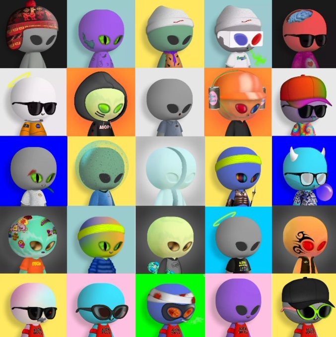 A grid of 25 stylized 3D alien character avatars with various accessories (hats, sunglasses, headphones, halos) displayed against colorful backgrounds.