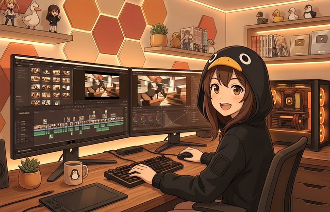The image features an anime character wearing a black hoodie sitting at a desk with two computer monitors, typing on a keyboard. The character appears to be a girl or woman, possibly from Japan, who seems to be working on a project related to animation or video editing. The scene is set in what appears to be a home office environment, as there are several books and other items scattered around the room.