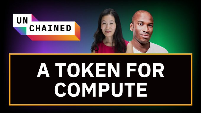 A YouTube thumbnail for 'UNC CHAINED' titled 'A TOKEN FOR COMPUTE', featuring headshots of a woman in red and a man in a white shirt against a purple and green gradient background.