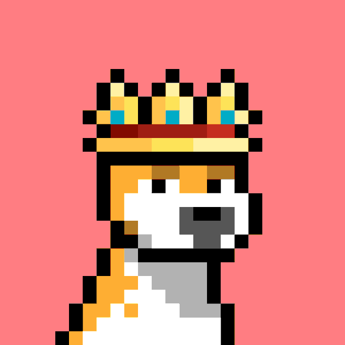 A pixel art illustration of a corgi dog wearing a golden crown with red and blue jewels, set against a coral pink background.