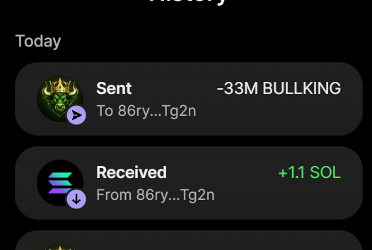A screenshot of a crypto transaction history showing a successful purchase of 33 million $BULLKING tokens for 1.1 SOL, with the transaction displayed as "-33M BULLKING" sent and "+1.1 SOL" received from the same wallet address (86ry...Tg2n).