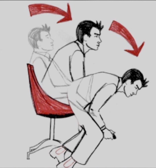 A hand-drawn sketch demonstrates proper posture, showing a man sitting upright in a red office chair that supports his back, with red arrows indicating the correct spinal alignment.