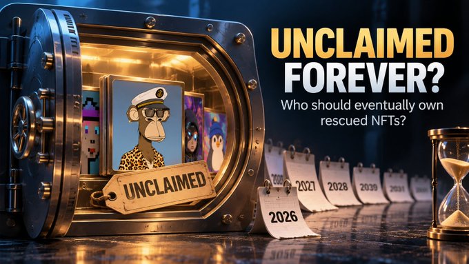 A graphic with the headline 'UNCLAIMED FOREVER? Who should eventually own rescued NFTs', showing a safe with NFT characters inside, a calendar timeline, and an hourglass.
