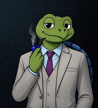A digital illustration of an anthropomorphic green turtle wearing a beige suit and maroon tie, smoking a cigarette in a dark, gridded background.