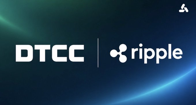 The image features a logo for Ripple, which is white with blue lines, and the words "DTCC" written below it. The background of the image is dark blue with a light blue line that appears to be curling around the edges. Below the Ripple logo, there's text that reads "XRP surprise is coming just like XLM surprise everyone lately. If you are not paying attention to XRP you will be left alone".