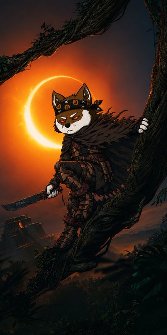 A fierce anthropomorphic wolf warrior wearing a Bitcoin-emblazoned headband stands on a tree branch wielding a sword against a solar eclipse backdrop, with ancient ruins visible in the distance. The image visually reinforces the post's themes of awakening, power, and Bitcoin's new era, while promoting the $LOBO token and its mascot.