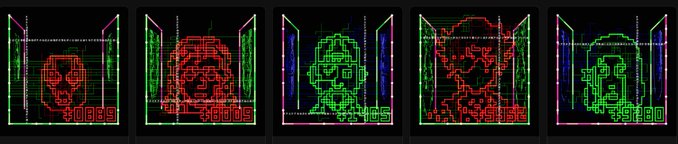 Five retro-style pixel art character portraits rendered in neon red, green, and pink wireframe, resembling classic vector arcade games.